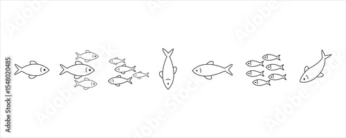 Line art illustration of fish swimming isolated on white background