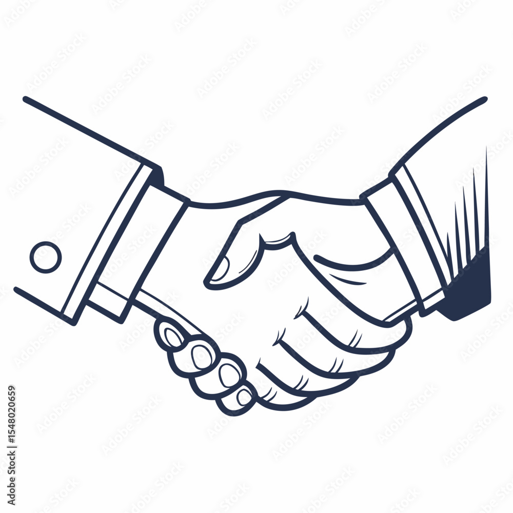 Fototapeta premium A simple, clean vector illustration of two hands shaking, outlined with precise lines, symbolizing unity, cooperation, and mutual understanding.