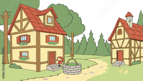 Enchanted Forest-Side Medieval Cartoon Village Timber Frame Houses and Well