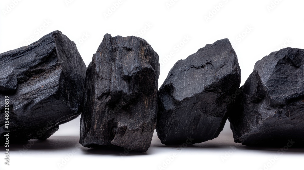 Obraz premium Black stones with rough textures are arranged close together, showcasing their natural form against a clean background, This image can be used for themes such as geology, sustainability