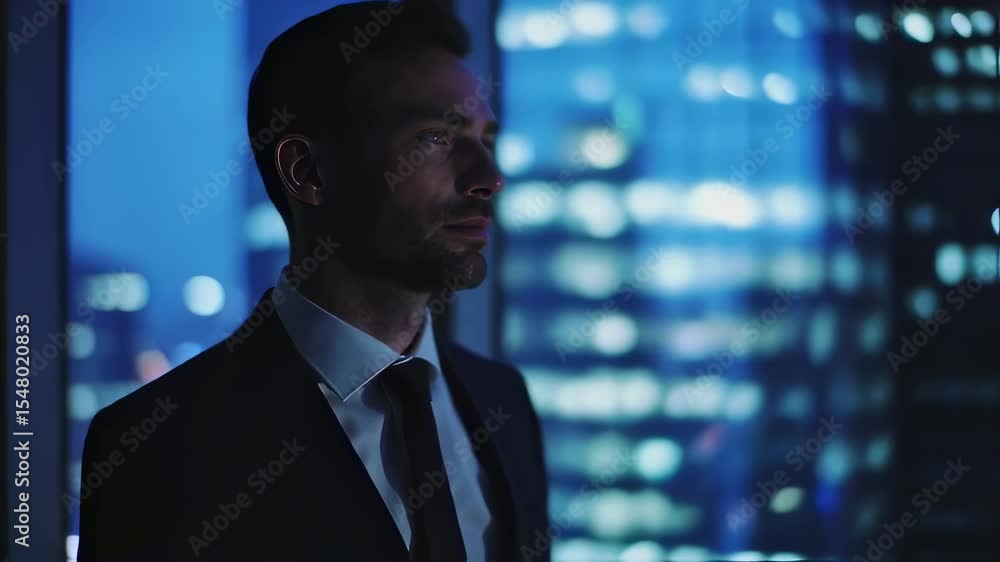 Night Cityscape Contemplation: A Businessman's Silhouette Against the Glowing Metropolis Night Cityscape Contemplation: A Businessman's Silhouette Against the Glowing Metropolis