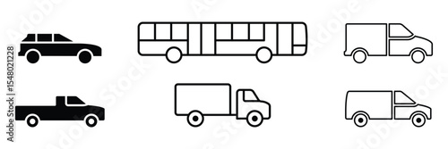 Collection of vehicle icons in side view including SUV, pickup, bus, van, and delivery truck.
