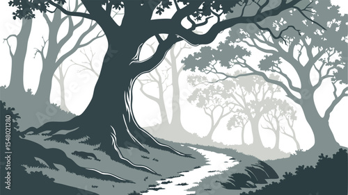 Ancient Forest Twisted Roots, Oversized Trees, Serene Stream