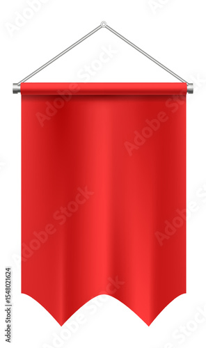 Red rectangular pennant with a wavy bottom edge hanging on a metal crossbar fixed to a wall with screws, waving in the wind on a white background