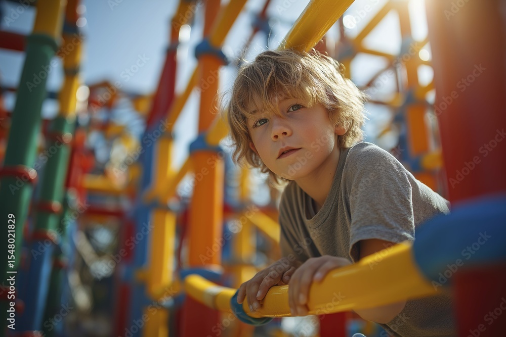 Fototapeta premium Blonde caucasian young boy playing on colorful playground climbing structure in sunlight