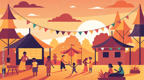 Vibrant Village Festival A Festive Scene with Bunting, Flags, and Street Celebrations