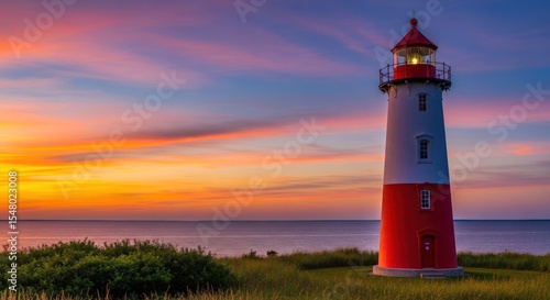 A red and white lighthouse stands tall against a vibrant sunset sky near the ocean horizon line