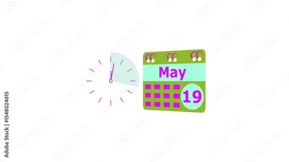 Obraz premium May month 19 date calendar icon and magenta color clock 4k illustration. Digital calendar month concept design on White background.