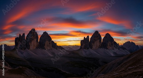 Dramatic Dolomites Peaks Silhouetted Against Fiery Sunset Sky Italy.