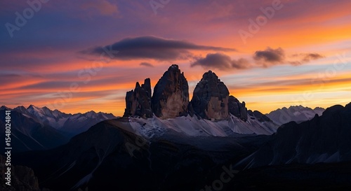 Dramatic Dolomites Tre Cime Peaks at Sunset with Fiery Sky.