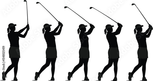 Female golfer silhouette swinging golf club, woman athlete vector art, golf swing motion illustration, sports pose template, golfing lady action figure clipart