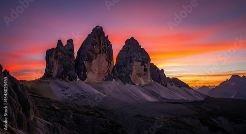 Dramatic Dolomites Tre Cime Peaks Bathed in Fiery Sunset Light.