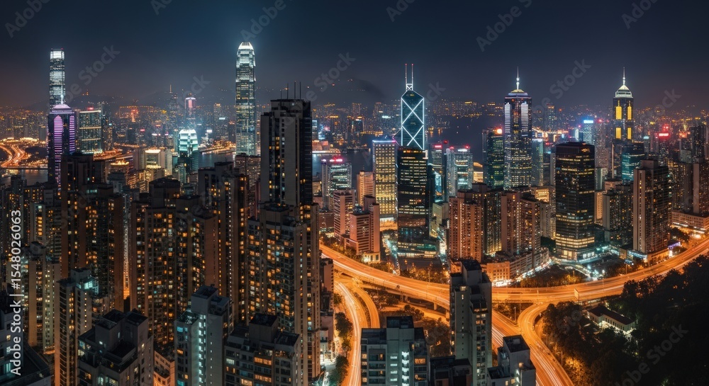 Obraz premium Night cityscape featuring illuminated skyscrapers and highways in a densely populated urban area