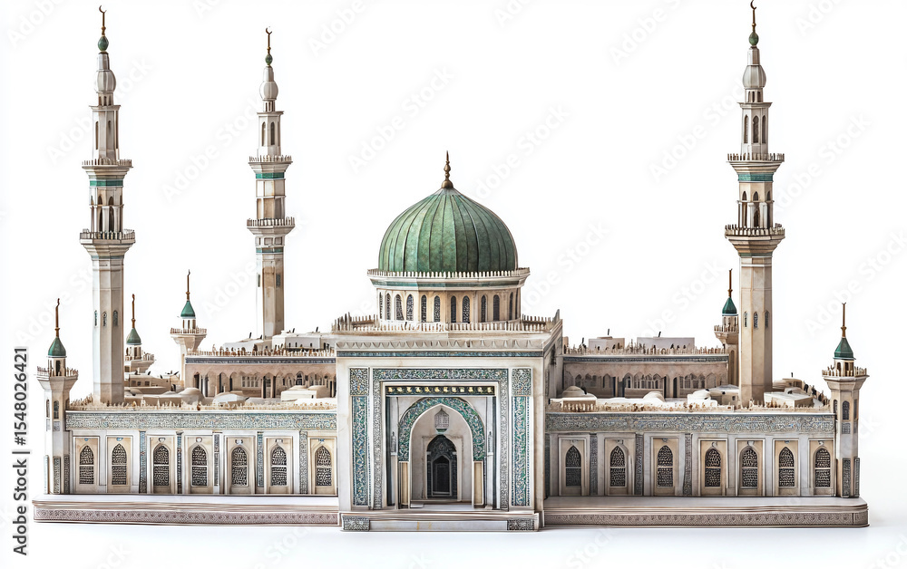 Fototapeta premium Detailed model of the Prophet Mosque in Medina with intricate architectural features. Generative AI.
