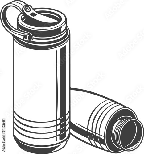Reusable Stainless Steel Water Bottles – Monochrome Vector Illustration