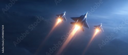 Three military fighter jets fly in formation showcasing air force technology and power