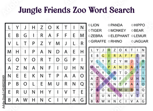 Jungle Friends Zoo Word Search Puzzle with Animal Names