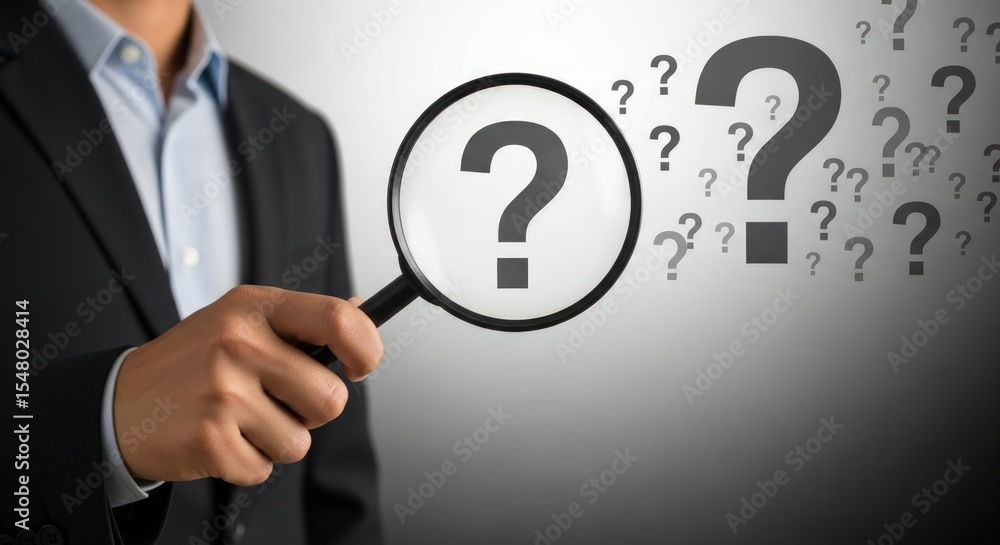 A man in a suit holding a magnifying glass with question marks floating in the background around him A man in a suit holding a magnifying glass with question marks floating in the background around him