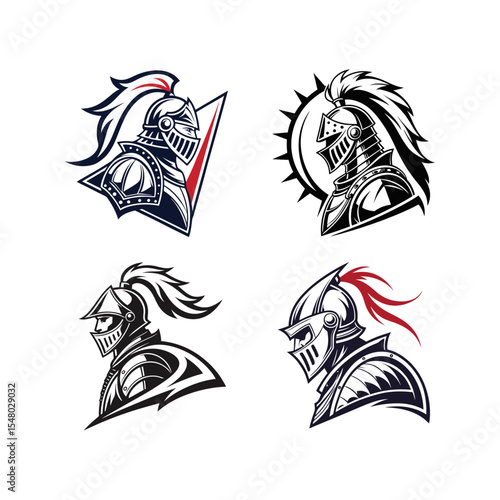 Set of Knight Helmet Logos with Medieval Design Details and Red Accents