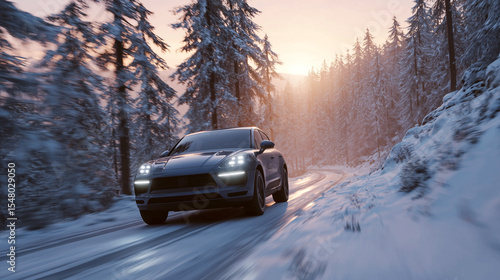 A black SUV with headlights on navigates a snowy forest road with motion blur, capturing the essence of winter adventure and challenging driving conditions under a bright sunset.

