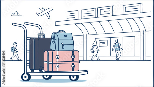 Illustration showing luggage cart with suitcases and people walking at the airport terminal building scene