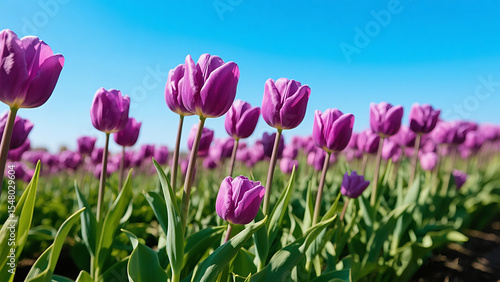 A field of deep purple tulips stretches beneath a radiant blue sky, each bloom standing tall like a joyful note in nature’s springtime symphony