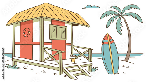 Illustration of a lifeguard station on a beach with a surfboard and a palm tree on a sunny day scene