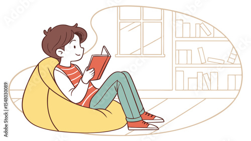 Illustration of a boy reading a book while sitting on a beanbag chair with a bookshelf behind him