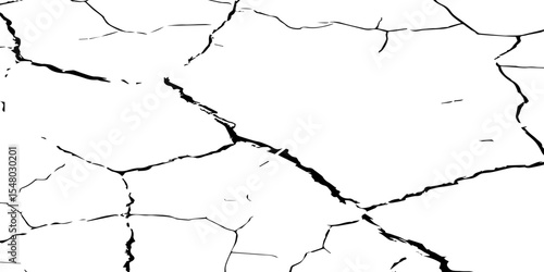 Generate a high-contrast black and white image showcasing a network of irregular cracks across a white surface, forming sharp, angular lines that intersect and branch out,creating a fragmented pattern