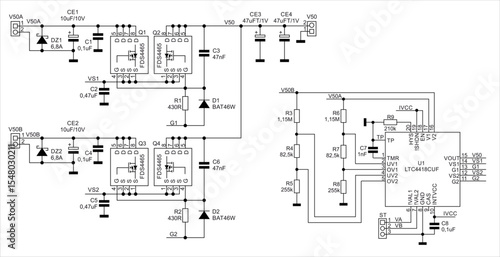 Schematic diagram of electronic device.
Vector technical drawing electrical circuit with 
microcontroller, resistor, capacitor,
integrated circuit, diode,
other components on white paper sheet.