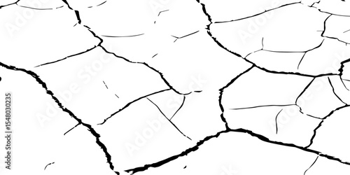 Generate a high-contrast black and white image showcasing a network of irregular cracks across a white surface, forming sharp, angular lines that intersect and branch out,creating a fragmented pattern