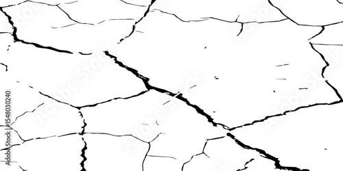 Generate a high-contrast black and white image showcasing a network of irregular cracks across a white surface, forming sharp, angular lines that intersect and branch out,creating a fragmented pattern