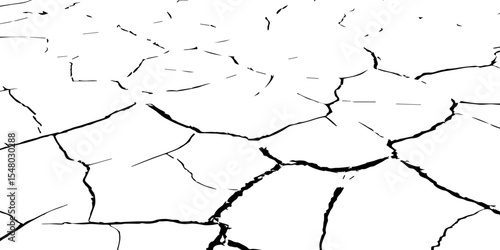 Generate a high-contrast black and white image showcasing a network of irregular cracks across a white surface, forming sharp, angular lines that intersect and branch out,creating a fragmented pattern