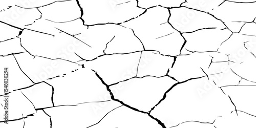 Generate a high-contrast black and white image showcasing a network of irregular cracks across a white surface, forming sharp, angular lines that intersect and branch out,creating a fragmented pattern