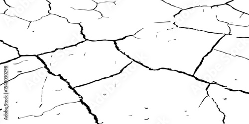 Generate a high-contrast black and white image showcasing a network of irregular cracks across a white surface, forming sharp, angular lines that intersect and branch out,creating a fragmented pattern