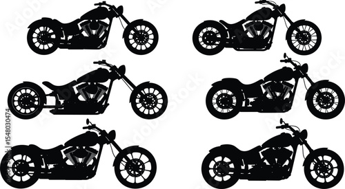 Silhouette collection of chopper motorcycles, custom bike vector icons, classic cruiser motorbikes, black isolated illustration, retro style motor vehicle graphics, vintage biker design