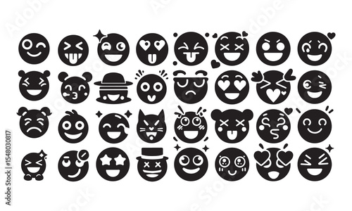  Emoji bundle silhouette of vector set of funny cartoon faces set of emoji smileys set of smiley faces and vector illustration black vector on white background 