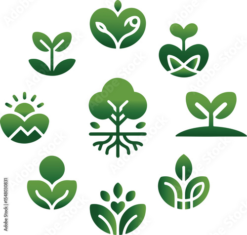 Minimalist vector artboard featuring a collection of green nature-themed icons. Each icon represents a stylized design of leaves, seedlings, trees, and heart-shaped plant motifs. 