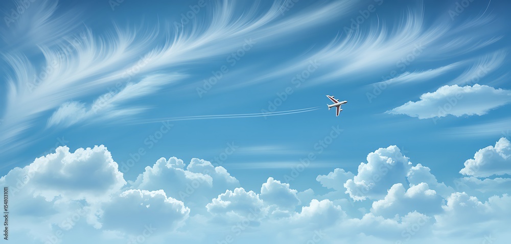Fototapeta premium Beautiful blue sky with fluffy clouds and a small airplane soaring through the air