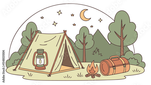 Illustration of a camping scene with a tent, lantern, campfire, and duffel bag under the night sky scene