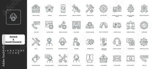 Gear and screwdriver, spanner from workers toolbox, thin black symbols vector illustration. Repair and maintenance center, customer support service, call to technician, solutions line icon set.