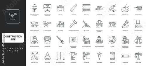 Tower crane and excavator, concrete mixer, plumbing thin black symbols vector illustration. Construction site machinery and equipment, work of engineer and worker electrician line icon set.