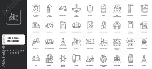 Well drilling and offshore platform, pump thin black outline symbols vector illustration. Oil and gas industry, barrel and tank for storage, refinery plant, fuel station line icon set.