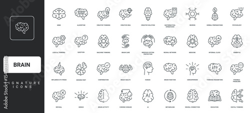 Human brain healthcare and stress, AI machine learning thin black outline symbols vector illustration. Brain, creative mind and psychology, innovation and knowledge, brainstorm line icon set.