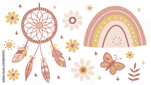 Illustration of a dreamcatcher with feathers, flowers, rainbow, and butterfly on a white background
