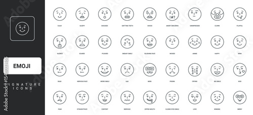 Angry and sad, happy face with smile and wink, glasses thin black symbols vector illustration. Emoji, emoticons with different expression and mood, love and hate emotion line icon set.