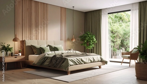 Interior photography of a contemporary minimalist bedroom, color scheme of unsaturated browns, sage green, and soft cream