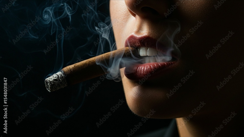 Fototapeta premium Woman Smoking Cigar with Red Lips