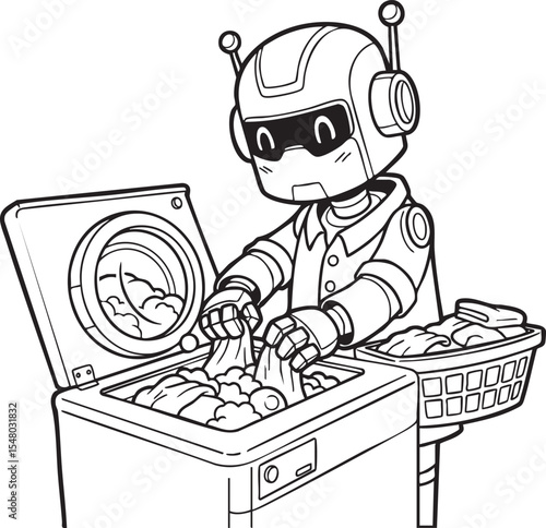A robot doing laundry by loading clothes into a washing machine, with a laundry basket beside it