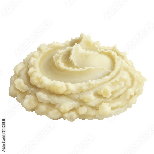 Creamy, off white mashed potatoes, swirled into a soft peak on a transparent background. Detailed texture visible